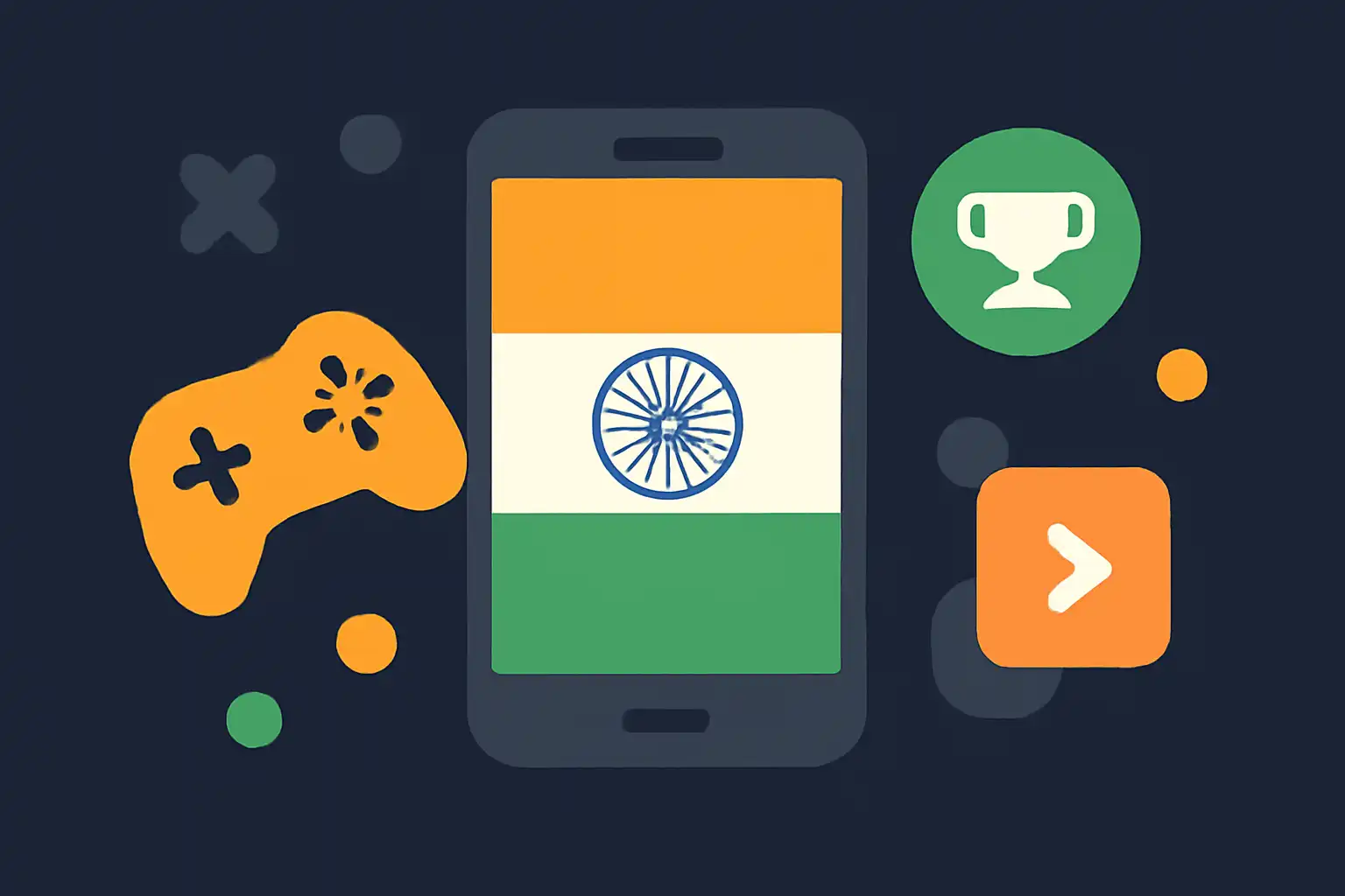 Hero illustration: Tiranga Game, modern flat design, dark background, brand-neutral, icons and shapes only, no text