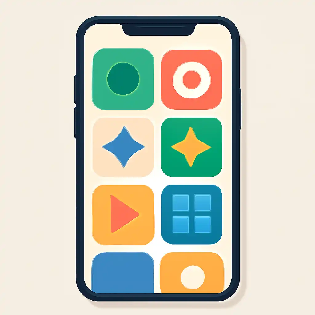 Smartphone shown from the front displaying a colourful flat layout of abstract game icons and rounded tiles (no text, no letters, no labels), Tiranga Game