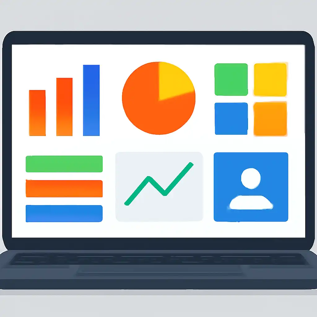 Laptop shown from the front displaying a colourful flat dashboard of abstract charts, bars and icon tiles (no text, no letters, no labels), Tiranga Game